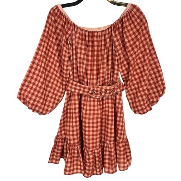 MINKPINK Cora mini plaid dress in blush/rust puff sleeves - Picture 10 of 15